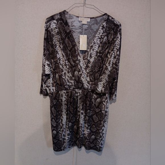 Michael Kors Plus Size 1X Snake Print Cross-Over Dress 3/4 Sleeve Brown /White - Picture 1 of 8
